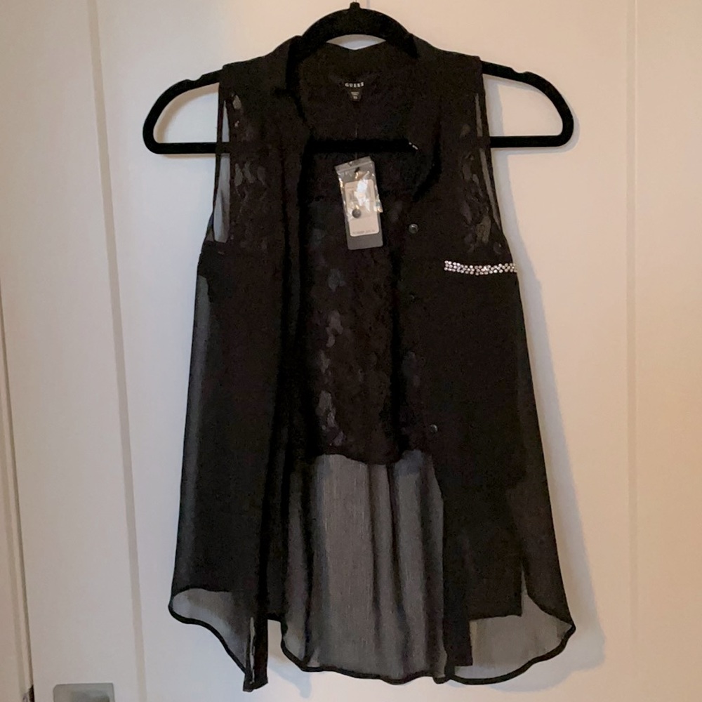 Guess Black Crinkle Chiffon Top